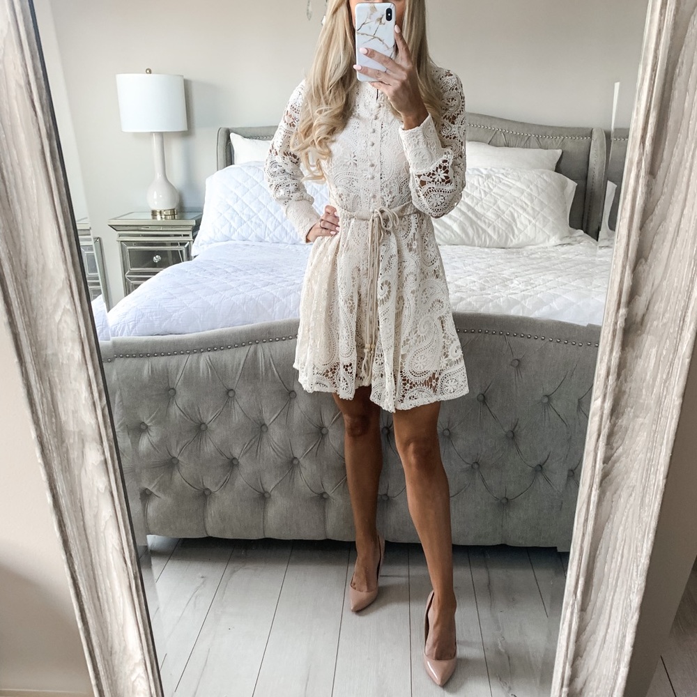 Embroidey Beige Dress Lantern Puff Sleeve Dress - Picture 14 of 16